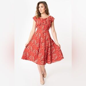 Unique Vintage 1940s Style Havilland Dress - Red Floral Print (NWT, Size S / 4)